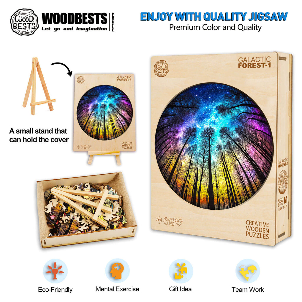 Galactic Forest-1 wooden jigsaw puzzle with vibrant colors, eco-friendly design, ideal for mental exercises and team activities.