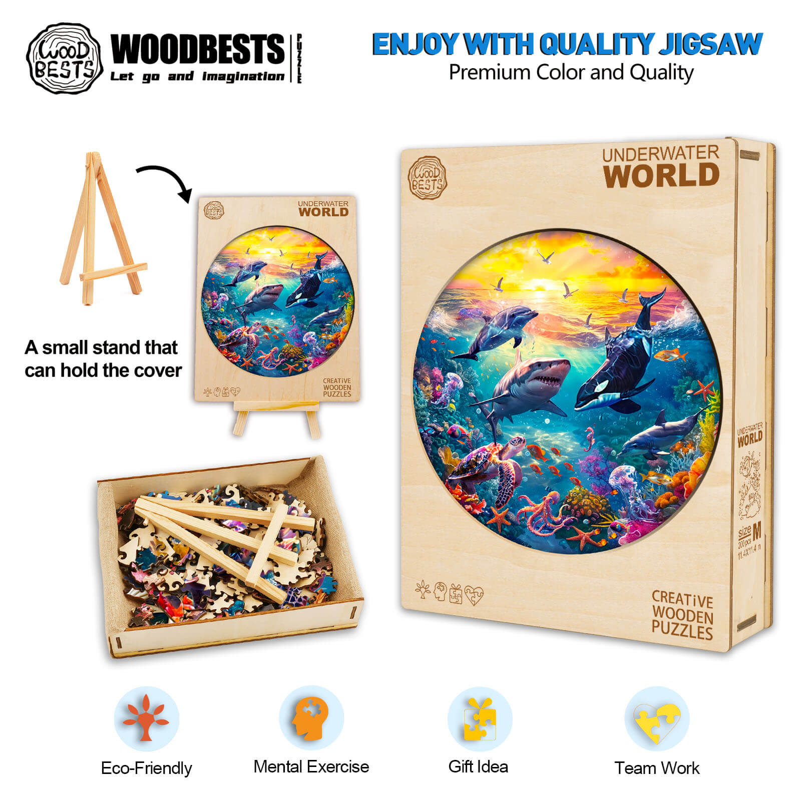 Underwater World Wooden Jigsaw Puzzle with colorful sea life design, promoting focus and mental exercise.