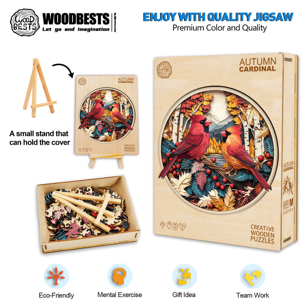 Autumn Cardinal Wooden Jigsaw Puzzle with vibrant colors and stand for enhanced focus and mental exercise.