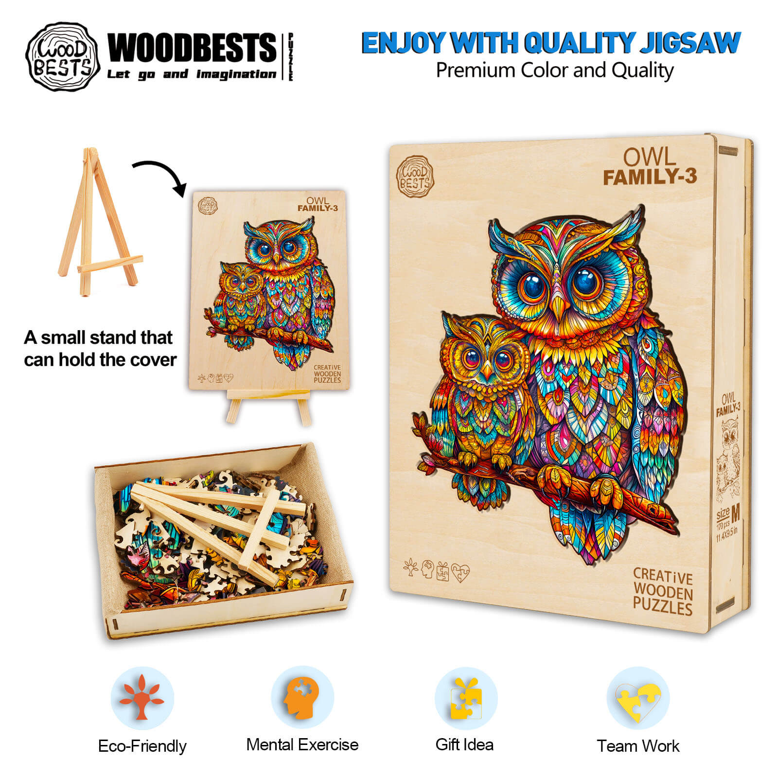 Owl family-3 wooden jigsaw puzzle, promoting focus, mental exercise, and creativity. Perfect gift for puzzle lovers.