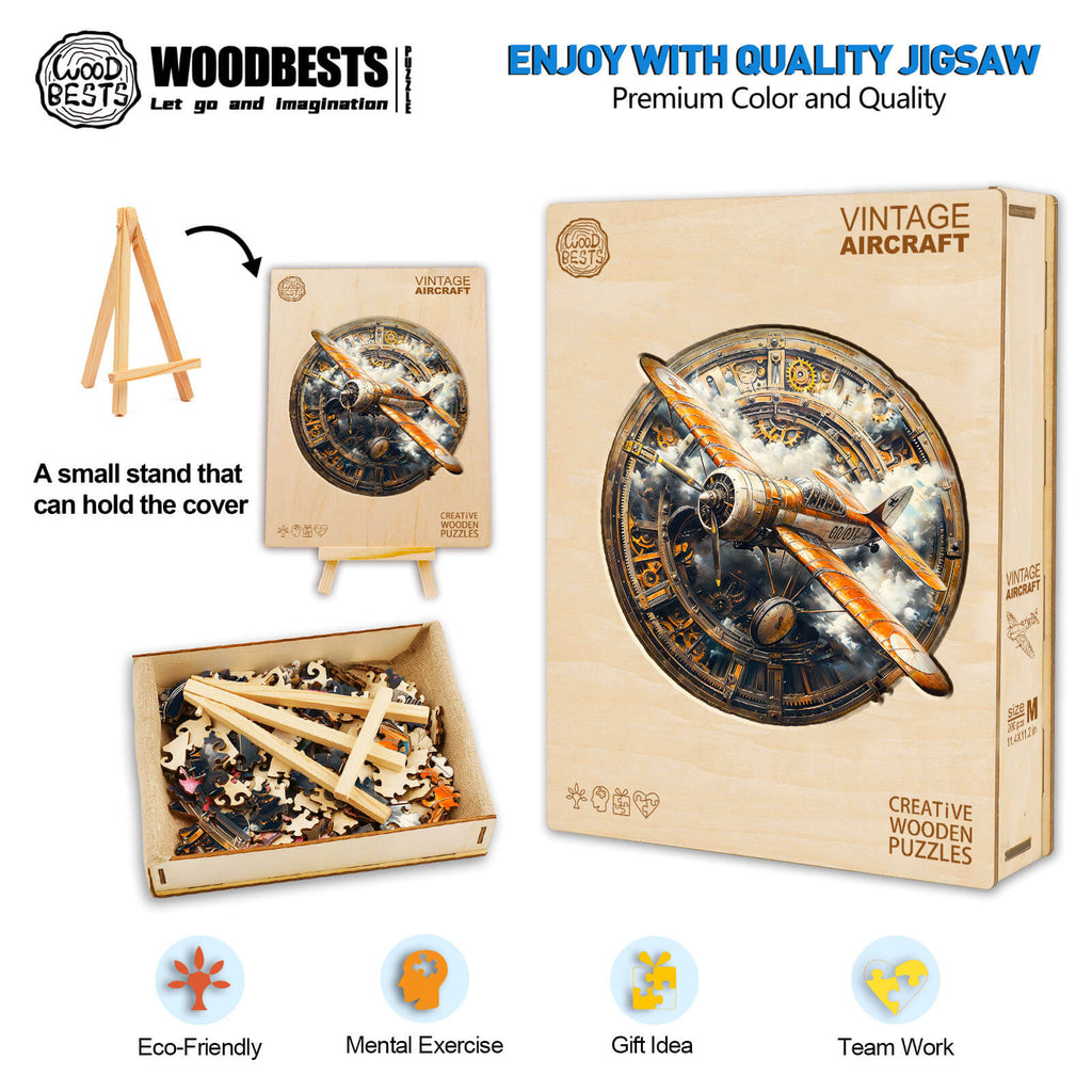 Vintage aircraft wooden jigsaw puzzle with colorful pieces and eco-friendly materials for brain exercise and teamwork.