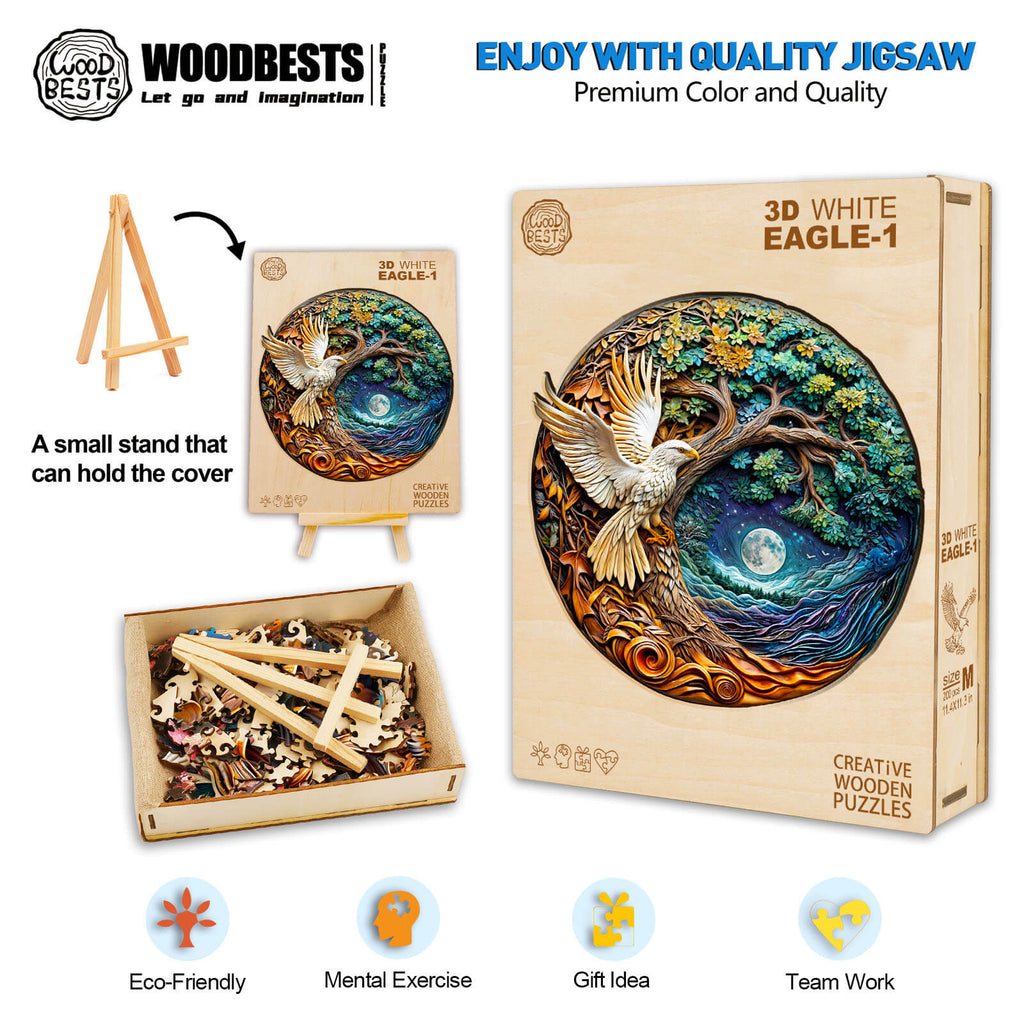 3D White Eagle-1 wooden jigsaw puzzle with colorful design, promoting focus, teamwork, and eco-friendliness.