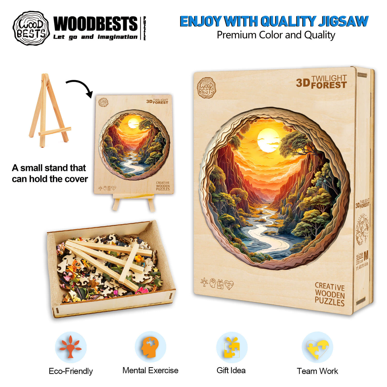 3D Twilight Forest Wooden Jigsaw Puzzle with stand, featuring eco-friendly design for mental exercise and teamwork.