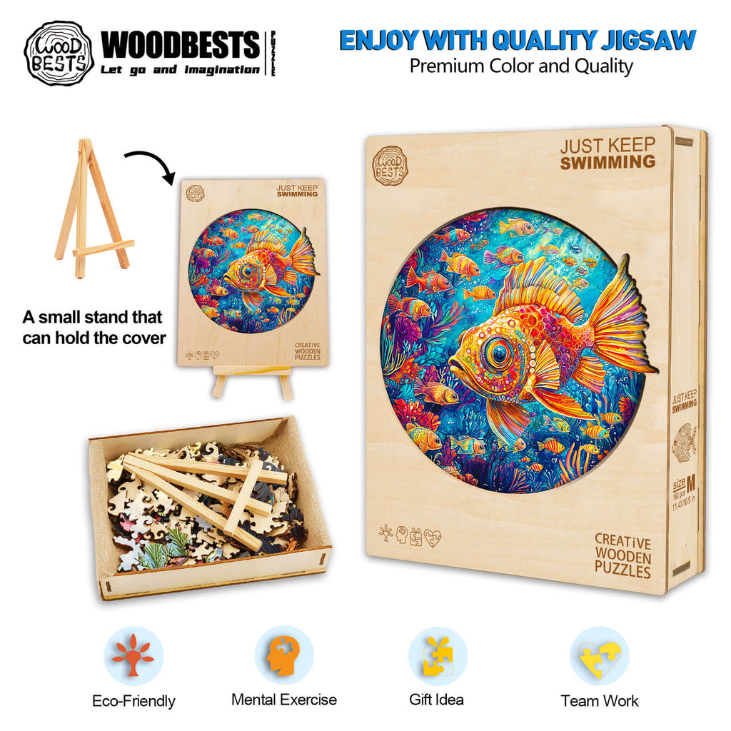 Just Keep Swimming wooden jigsaw puzzle with colorful fish design, eco-friendly materials, promoting mental exercise and teamwork.