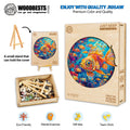 Just Keep Swimming wooden jigsaw puzzle with colorful fish design, eco-friendly materials, promoting mental exercise and teamwork.