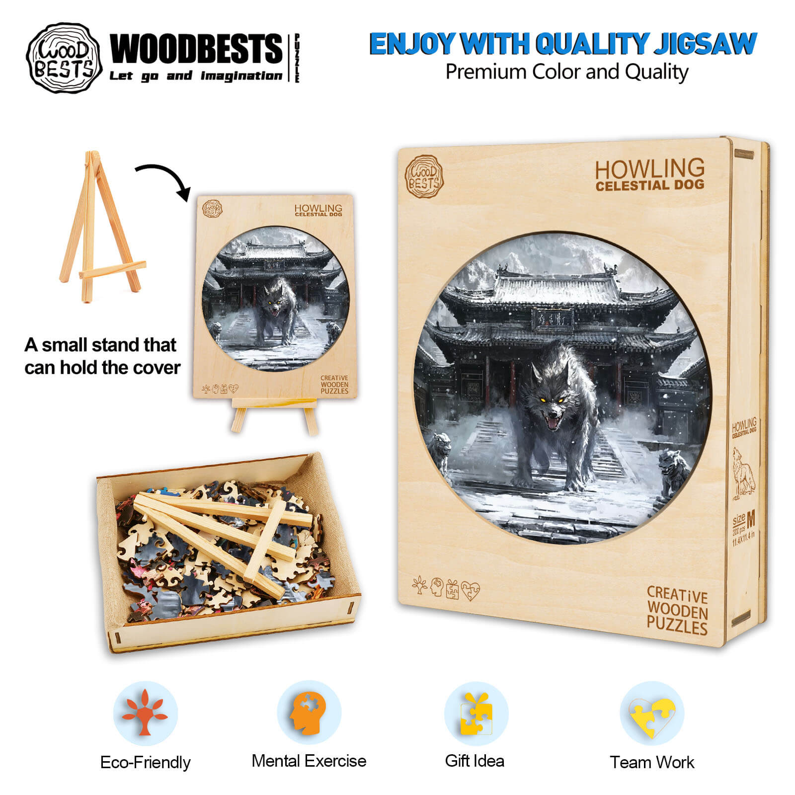 Howling Celestial Dog wooden jigsaw puzzle with eco-friendly pieces for mental exercise and teamwork.
