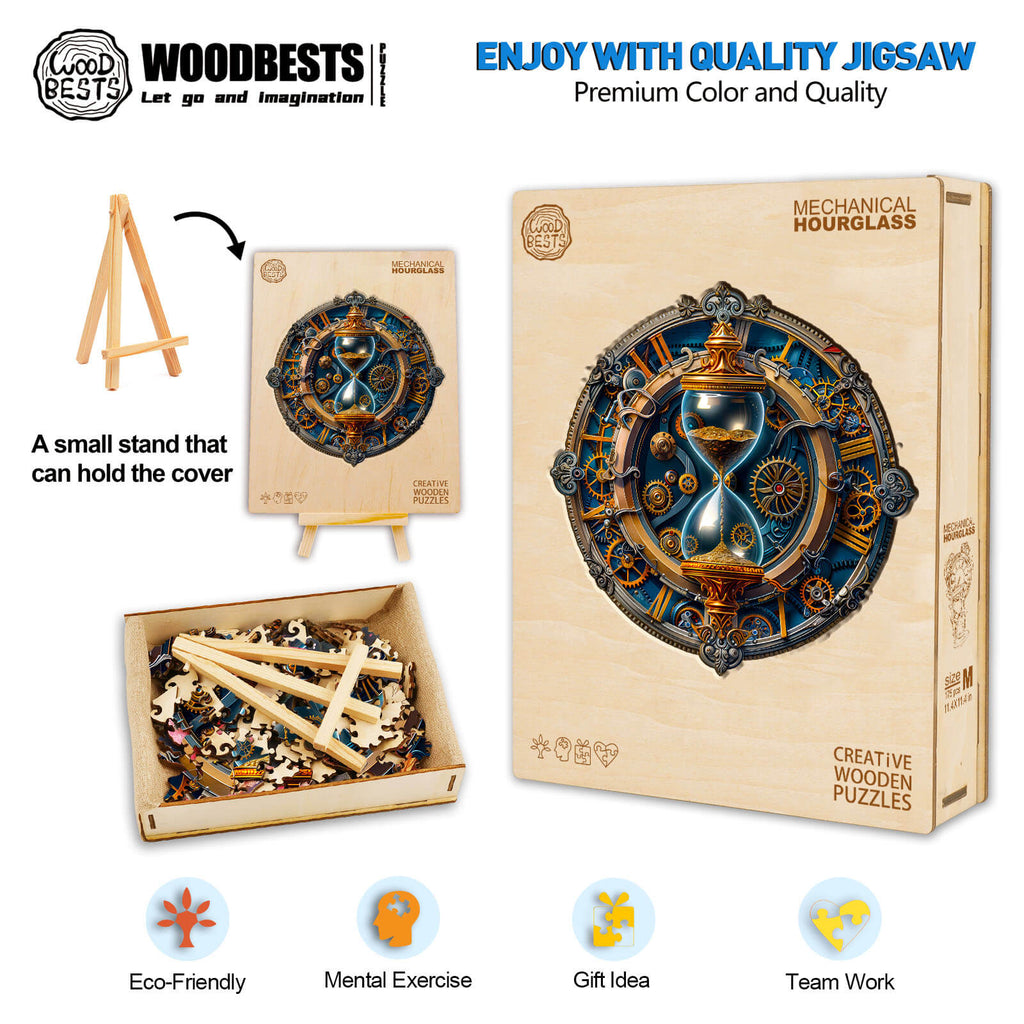 Mechanical hourglass wooden jigsaw puzzle, eco-friendly brain game for mental exercise and teamwork.