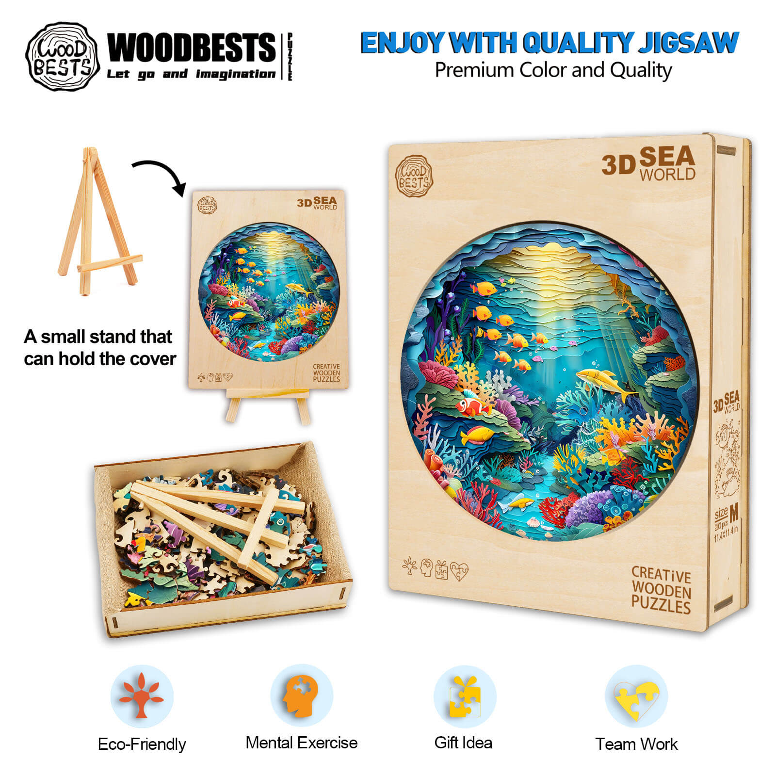 3D Sea World Wooden Jigsaw Puzzle with vibrant ocean scene, eco-friendly materials, and mental exercise benefits.