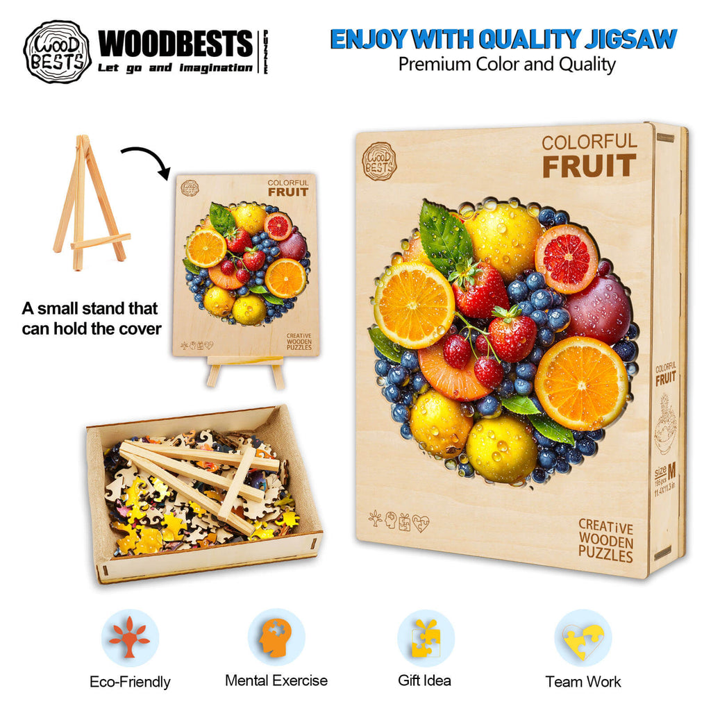 Colorful fruit wooden jigsaw puzzle with vibrant fruits, ideal for mental exercise and teamwork, eco-friendly gift idea.