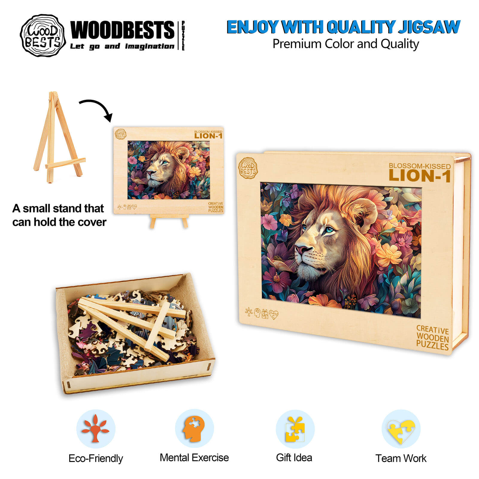 Blossom-Kissed Lion-1 wooden jigsaw puzzle with vibrant colors and eco-friendly materials, ideal for mental exercise and teamwork.