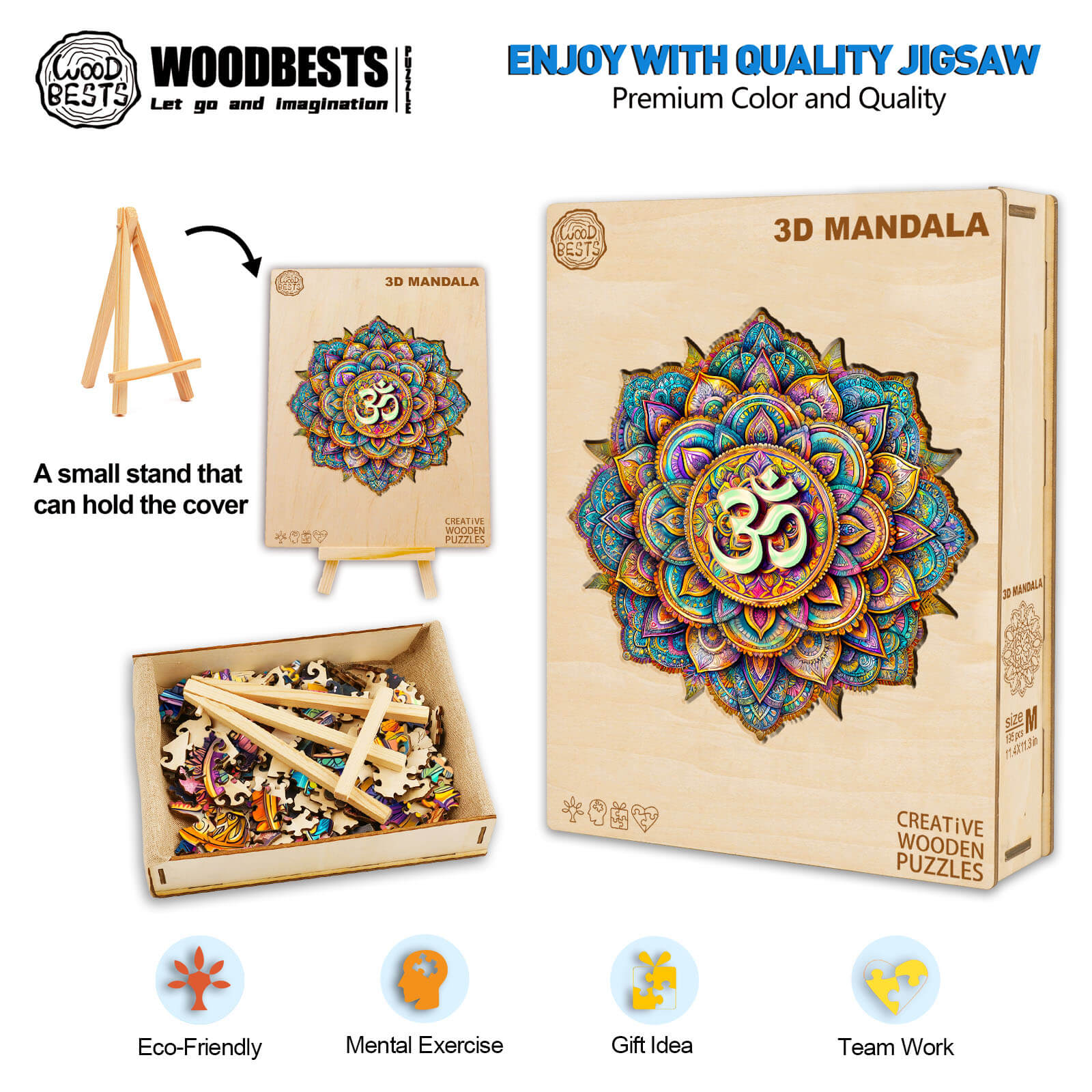 3D Mandala wooden jigsaw puzzle box with pieces, promoting mental exercise and teamwork, eco-friendly wooden materials.