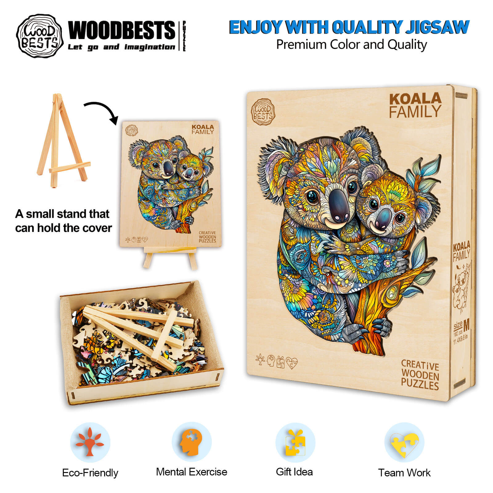 Koala Family Wooden Jigsaw Puzzle showcasing vibrant colors, eco-friendly materials, and a perfect gift idea.