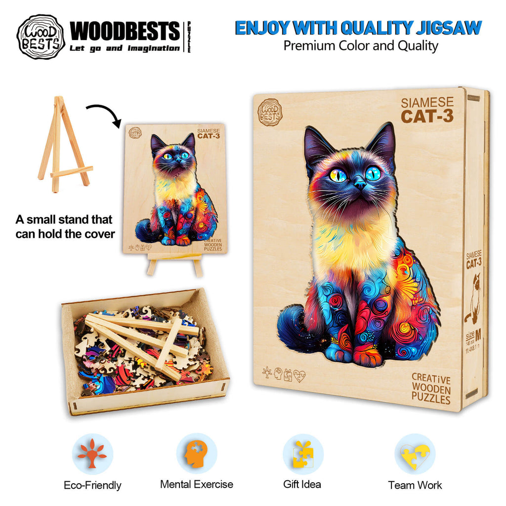 Siamese Cat-3 wooden jigsaw puzzle with vibrant colors, eco-friendly design, perfect for mental exercise and gift ideas.