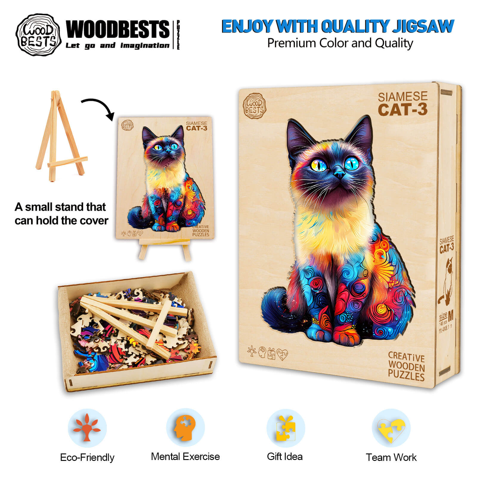 Siamese Cat-3 wooden jigsaw puzzle with vibrant colors, eco-friendly design, perfect for mental exercise and gift ideas.