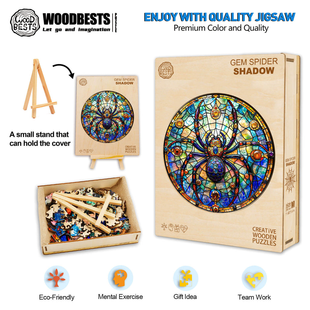 Gem Spider Shadow wooden jigsaw puzzle with vibrant colors, eco-friendly materials, ideal for mental exercise and teamwork.