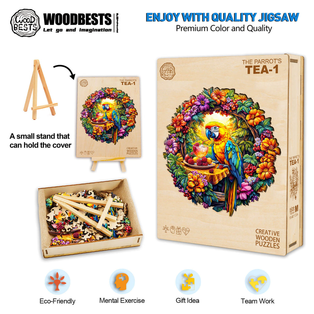 The Parrot's Tea-1 wooden jigsaw puzzle, colorful design, eco-friendly, perfect for mental exercise and teamwork.