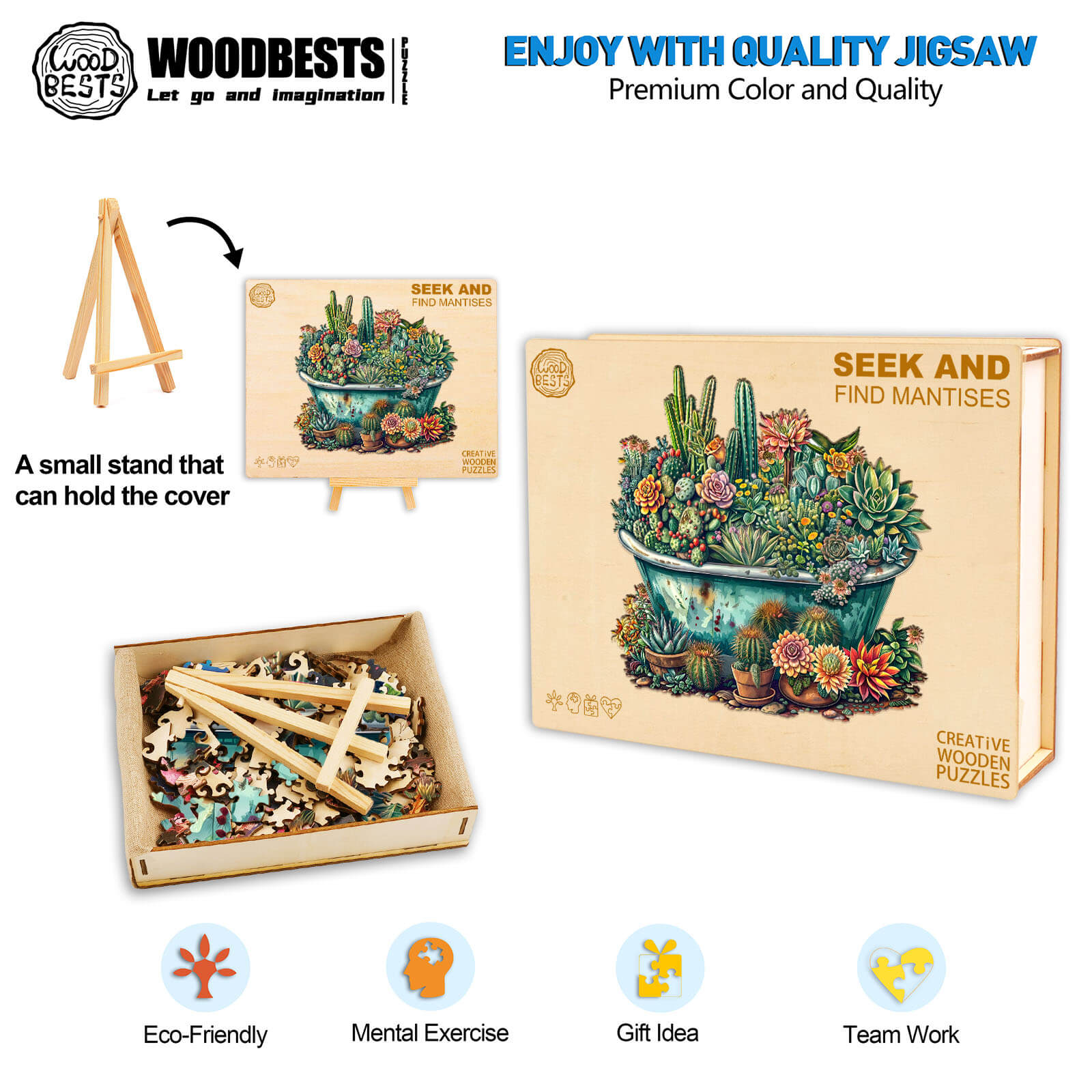 SEEK AND FIND MANTISES wooden jigsaw puzzle with eco-friendly pieces for mental exercise and teamwork.