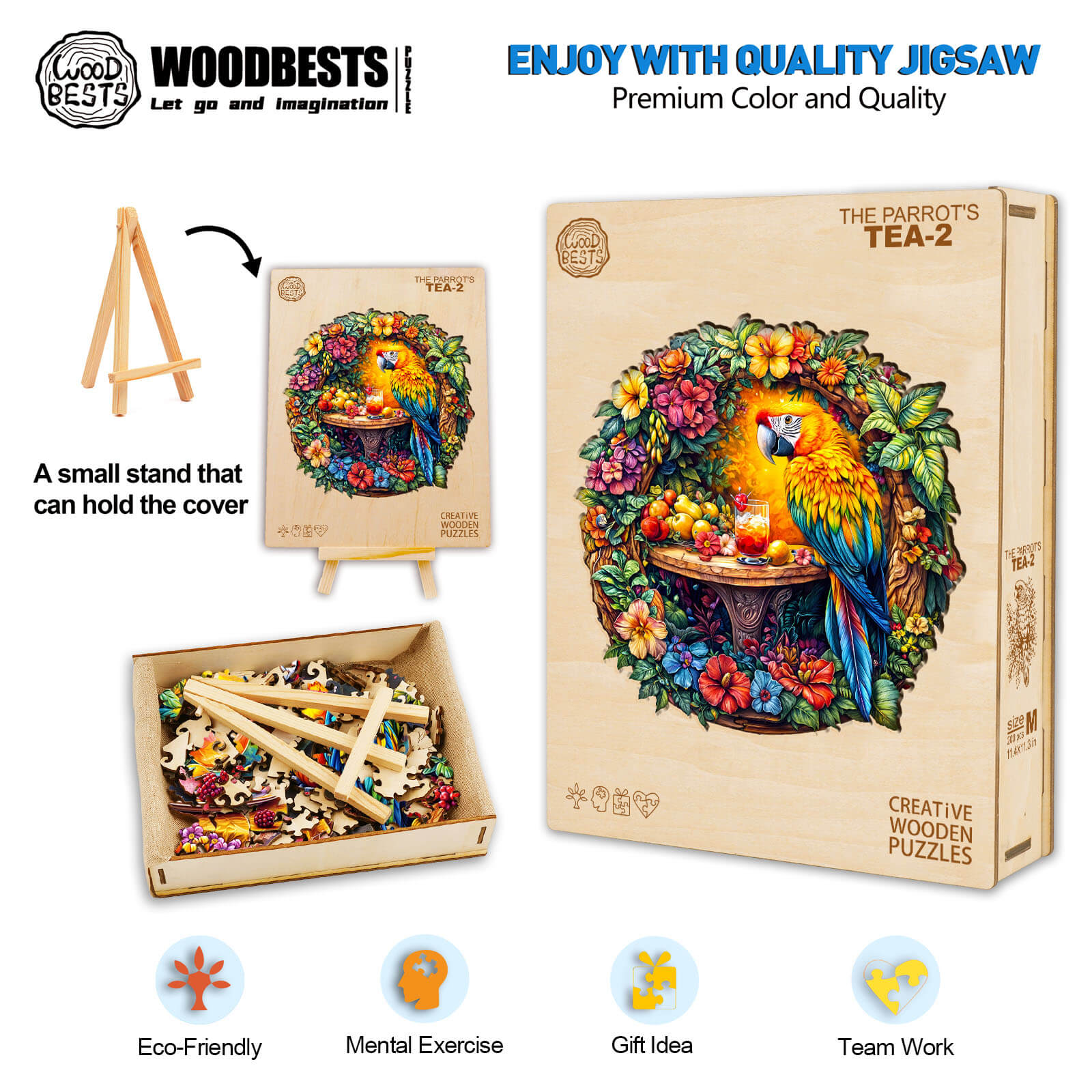 The Parrot's Tea-2 Wooden Jigsaw Puzzle for focused mind games, featuring a colorful parrot design and eco-friendly materials.