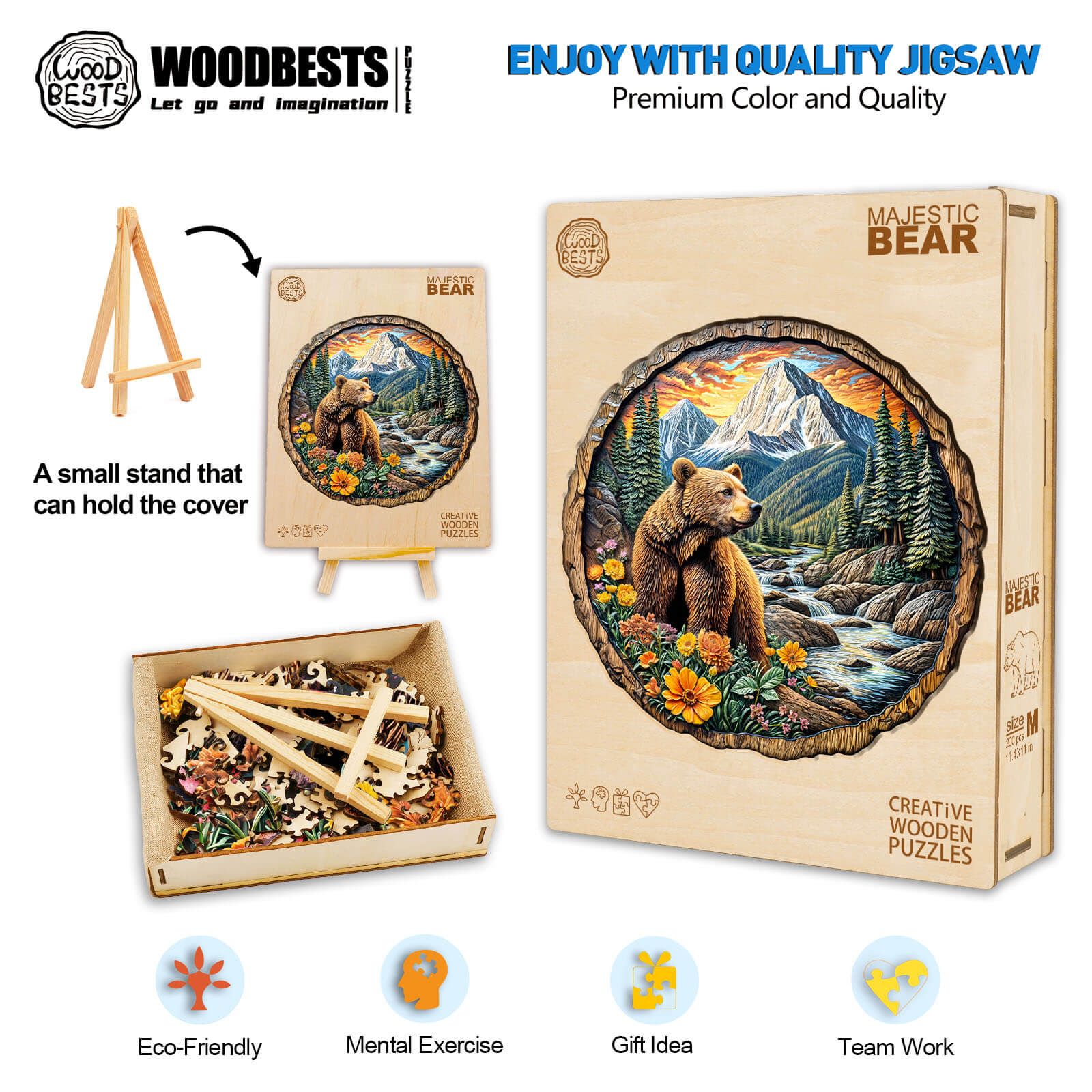 Majestic Bear Wooden Jigsaw Puzzle with scenic bear art, eco-friendly materials, and ideal for mental exercise and teamwork.