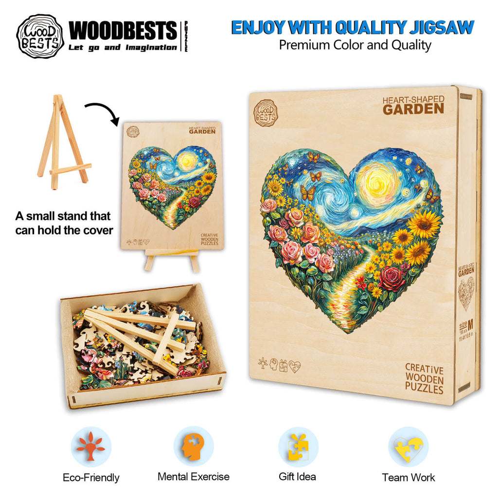 Heart-shaped Garden wooden jigsaw puzzle, eco-friendly, mental exercise, perfect gift for family and friends.