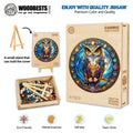 Cosmic Watcher wooden jigsaw puzzle with vibrant owl design, stand, and eco-friendly pieces for mental exercise and teamwork.