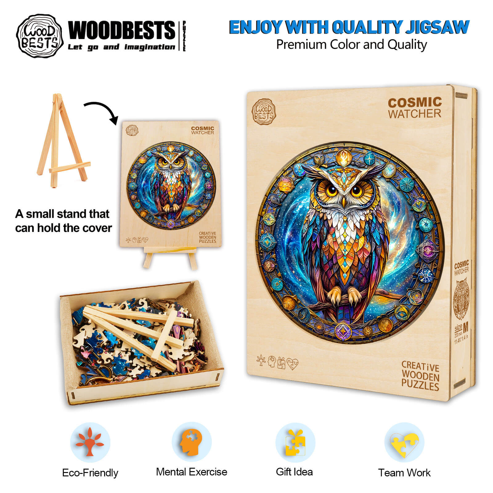 Cosmic Watcher wooden jigsaw puzzle with vibrant owl design, stand, and eco-friendly pieces for mental exercise and teamwork.