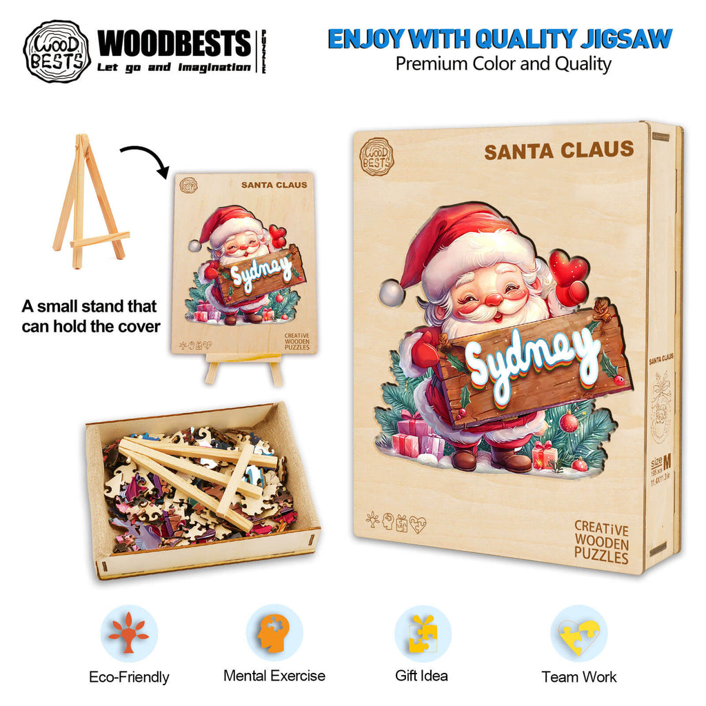 Santa Claus custom name wooden jigsaw puzzle with eco-friendly wood, colorful design, and a small stand for display.