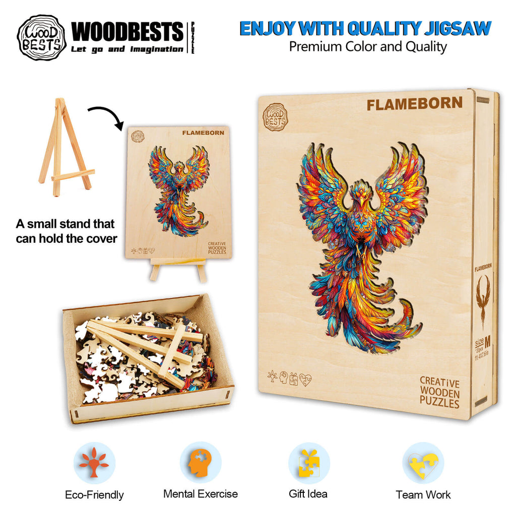 Flameborn wooden jigsaw puzzle box with colorful phoenix design and eco-friendly features promoting mental exercise and teamwork.