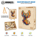 Flameborn wooden jigsaw puzzle box with colorful phoenix design and eco-friendly features promoting mental exercise and teamwork.