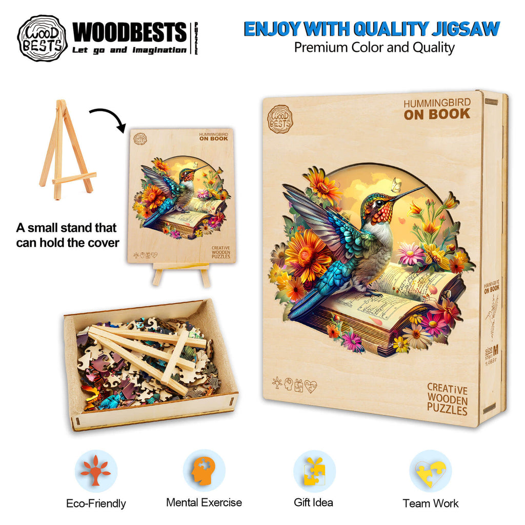 Hummingbird on book wooden jigsaw puzzle, perfect for mental exercise and eco-friendly fun.