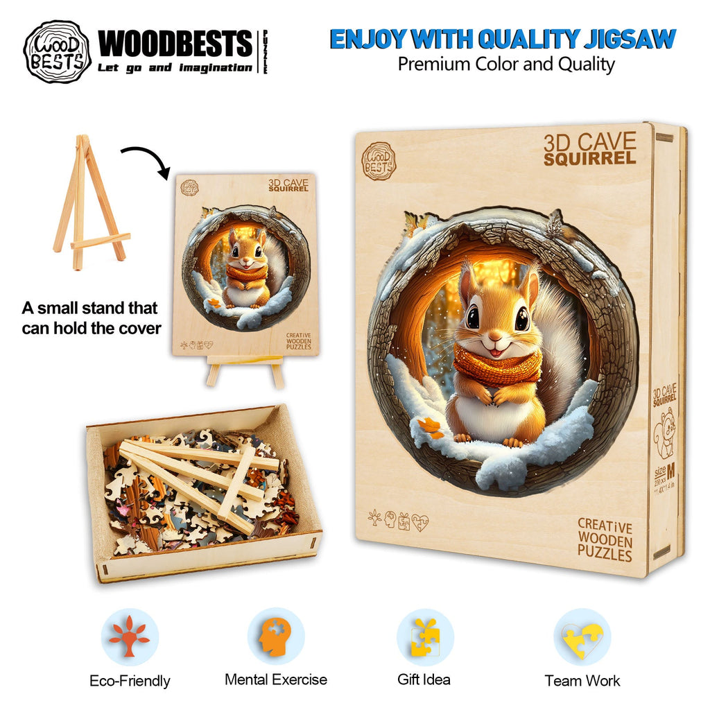 3D Cave Squirrel wooden jigsaw puzzle with colorful pieces, promoting mental exercise and teamwork in a creative way.