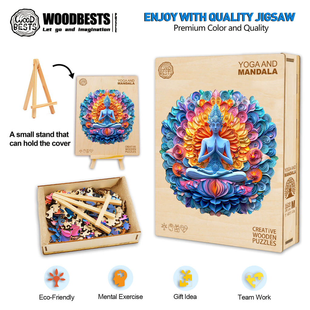 Yoga and mandala wooden jigsaw puzzle with stand, promoting mental exercise and creativity.