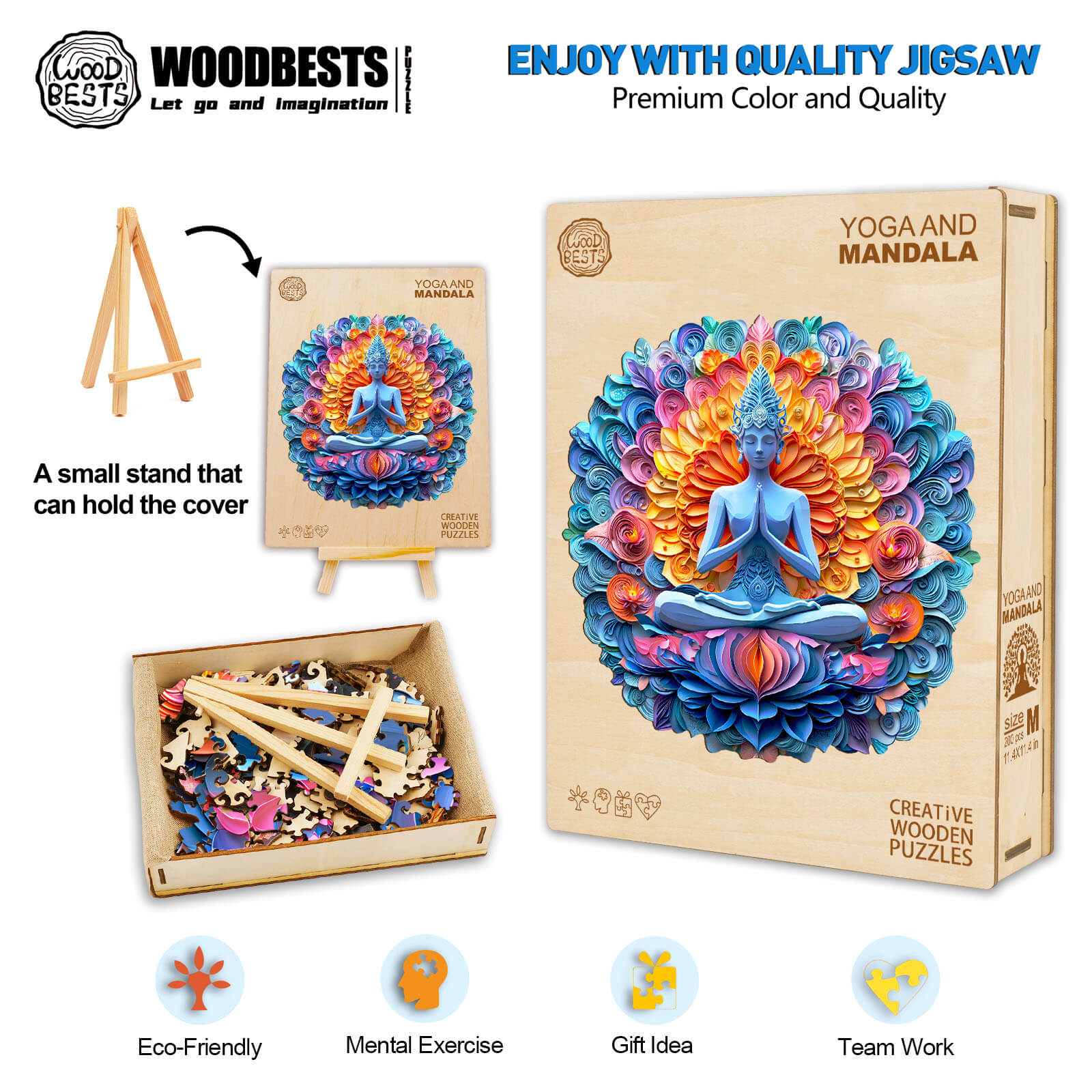 Yoga and mandala wooden jigsaw puzzle with stand, promoting mental exercise and creativity.