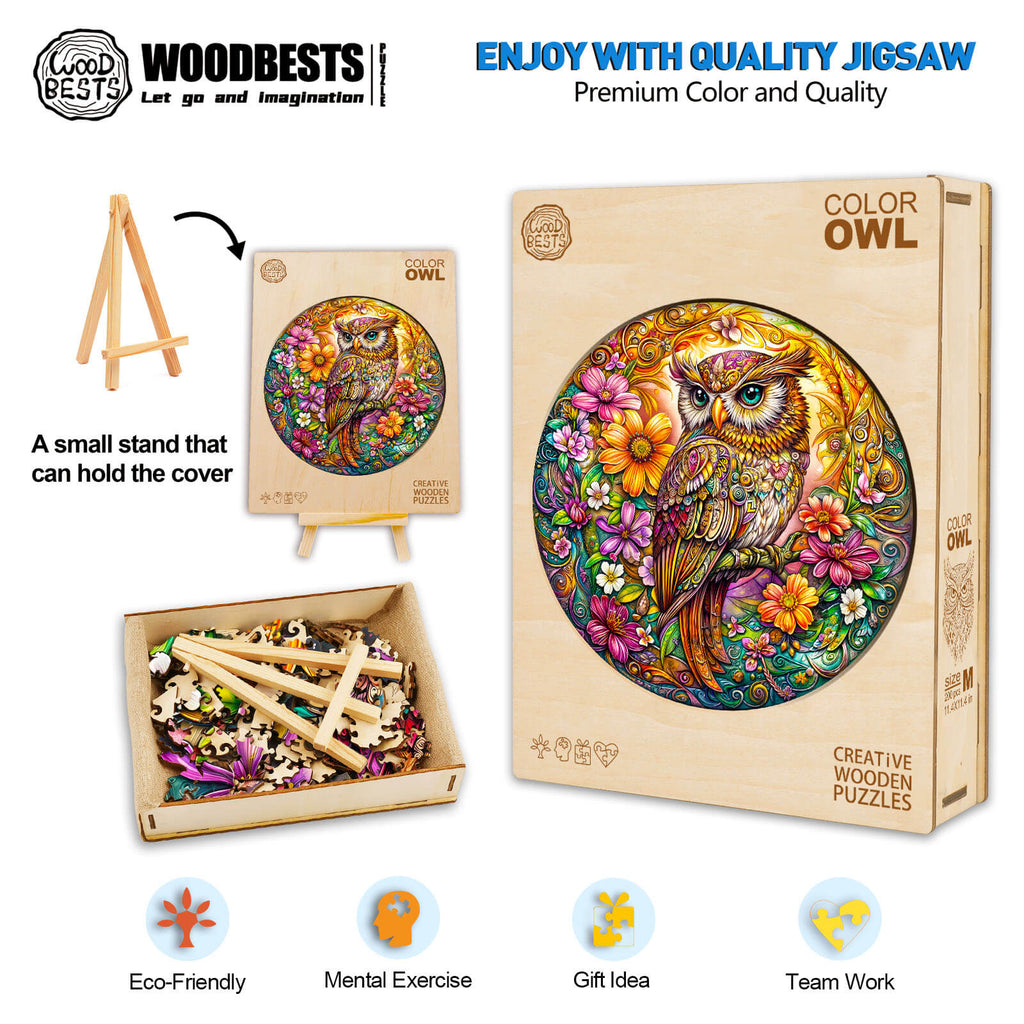 Color Owl Wooden Jigsaw Puzzle with vibrant owl design, eco-friendly materials, promoting mental exercise and teamwork.
