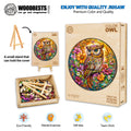 Color Owl Wooden Jigsaw Puzzle with vibrant owl design, eco-friendly materials, promoting mental exercise and teamwork.