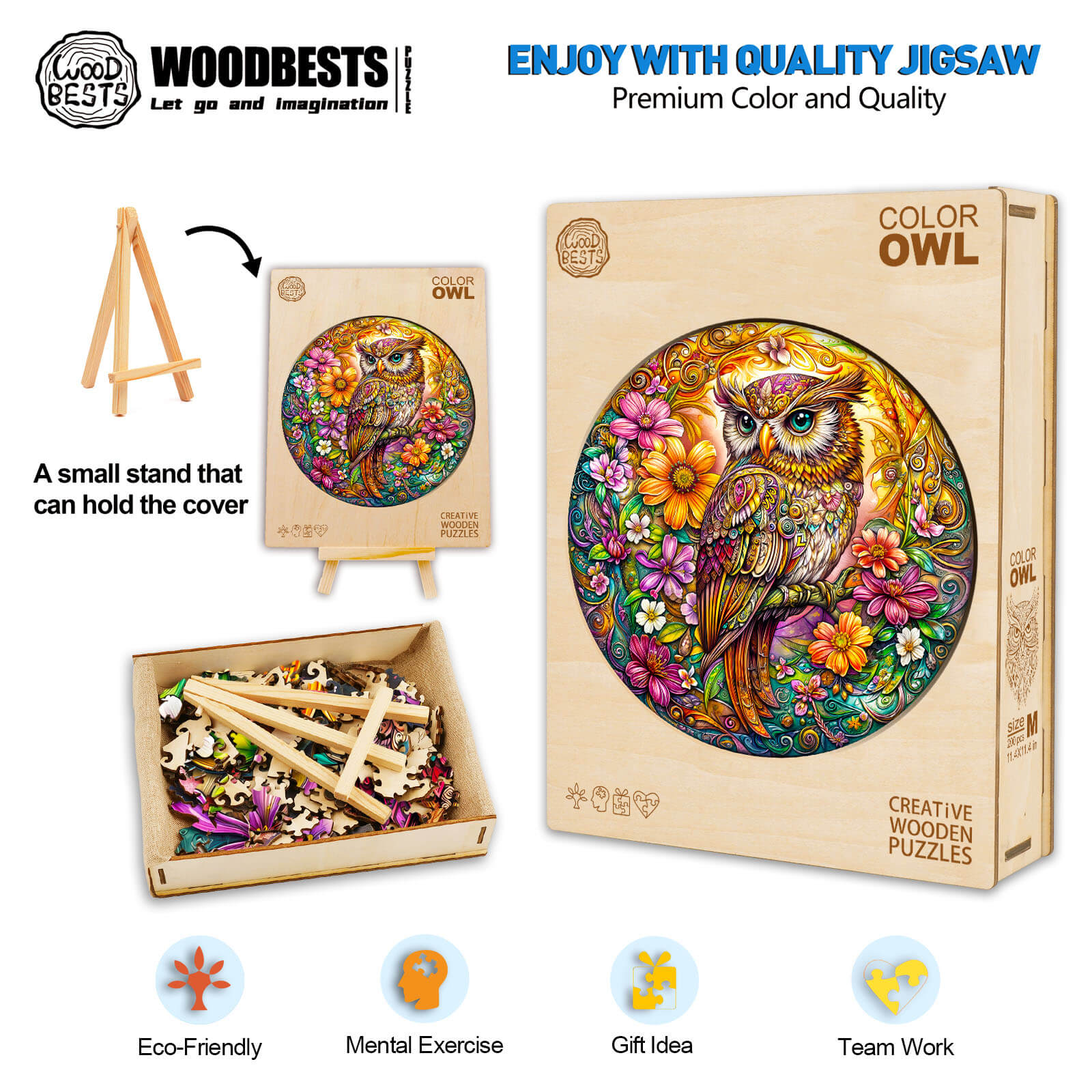 Color Owl Wooden Jigsaw Puzzle with vibrant owl design, eco-friendly materials, promoting mental exercise and teamwork.