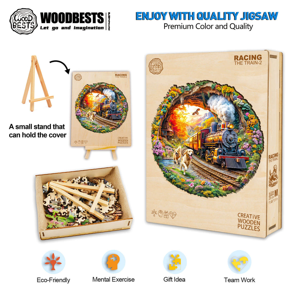 3D Racing the Train-2 wooden jigsaw puzzle with colorful pieces, stand, and eco-friendly design for mental exercise and teamwork.
