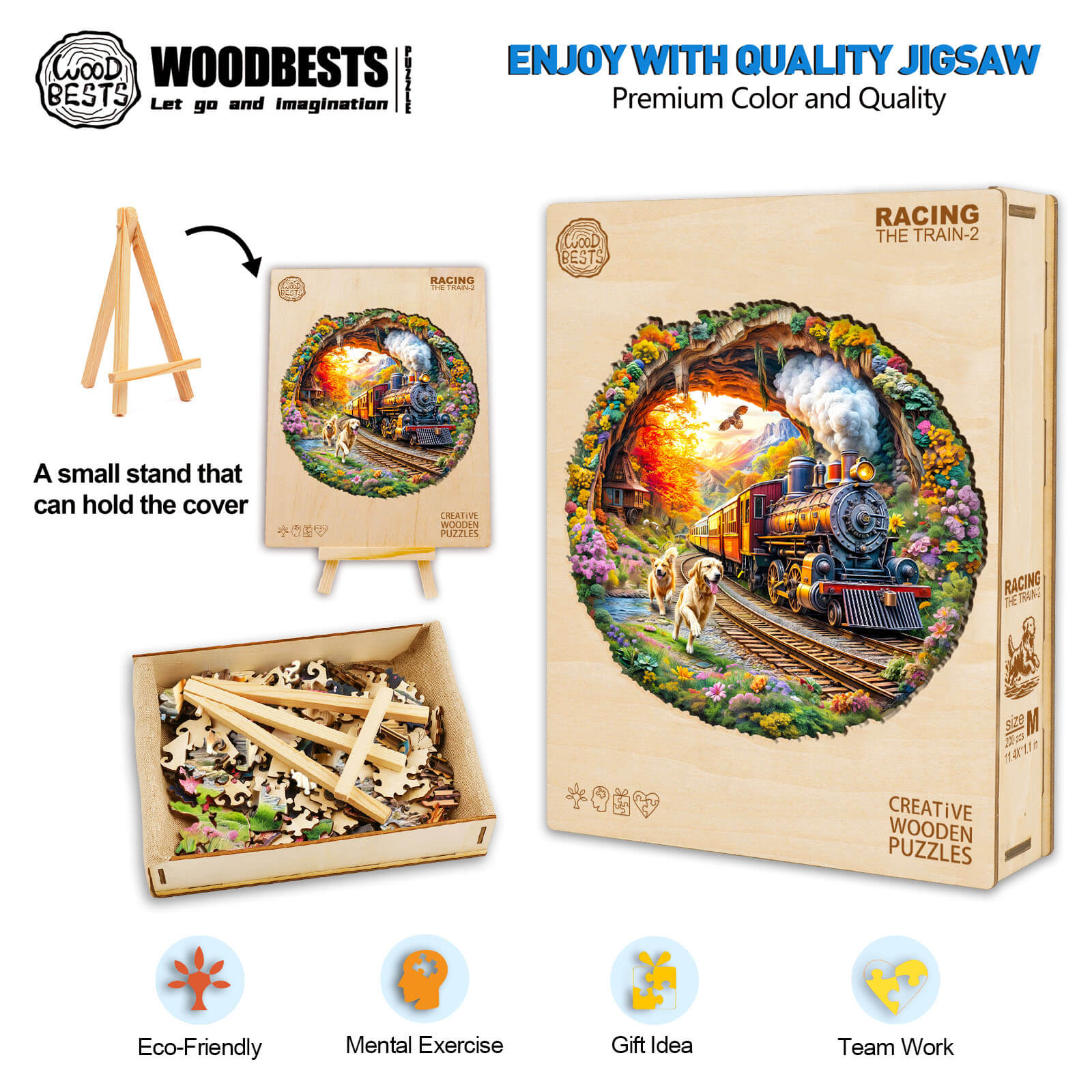 3D Racing the Train-2 wooden jigsaw puzzle with colorful pieces, stand, and eco-friendly design for mental exercise and teamwork.
