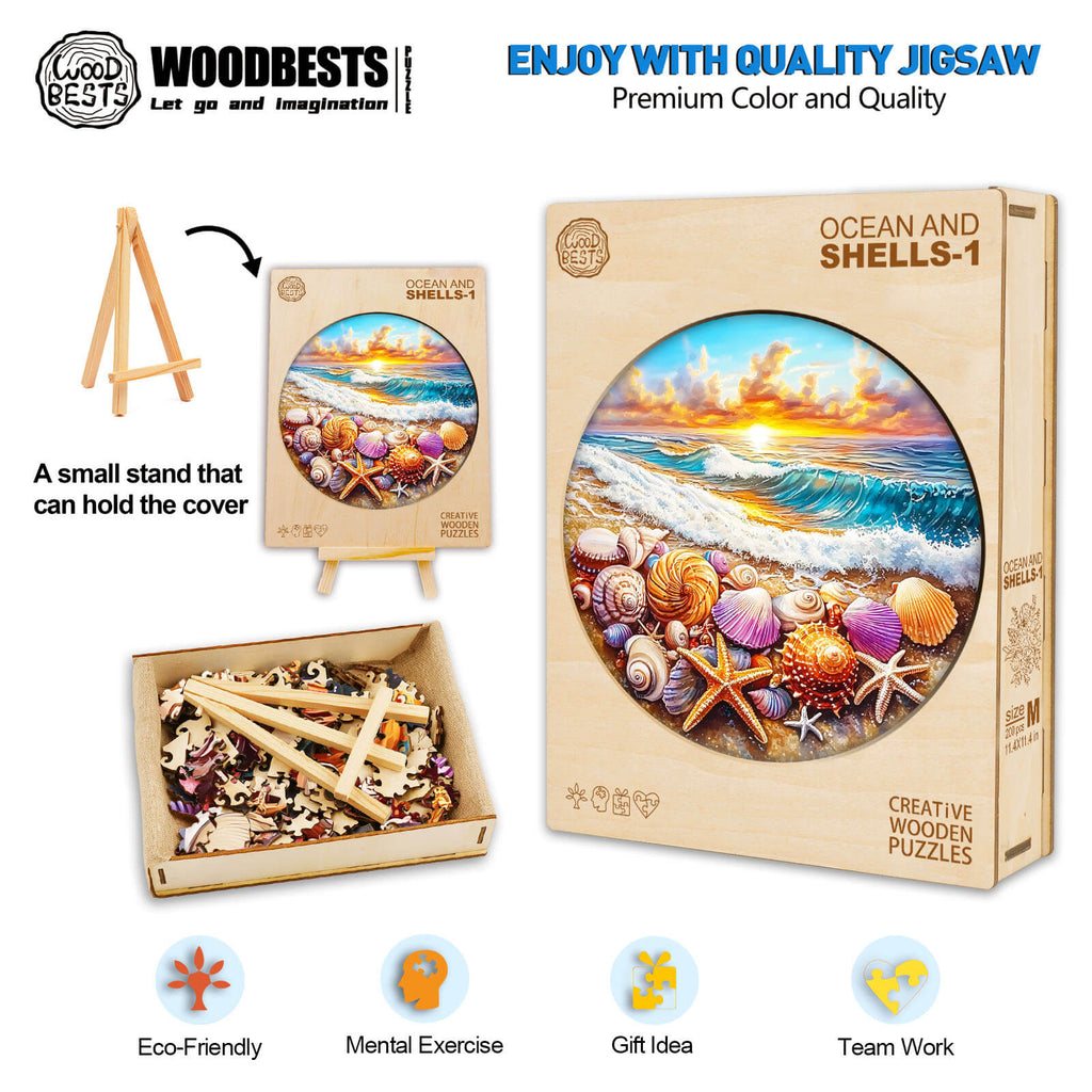 Ocean and Shells-1 wooden jigsaw puzzle with vibrant ocean scene and seashells, designed for mental exercise and eco-friendly fun.