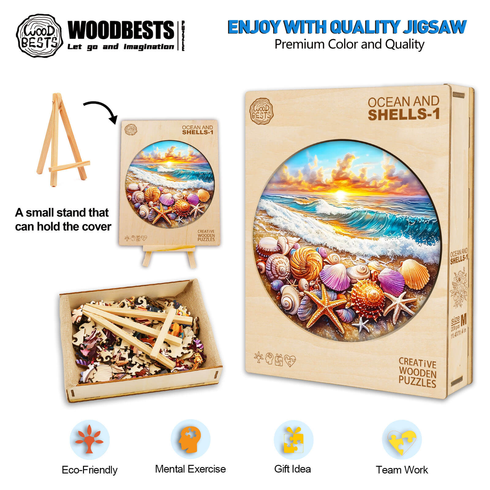Ocean and Shells-1 wooden jigsaw puzzle with vibrant ocean scene and seashells, designed for mental exercise and eco-friendly fun.