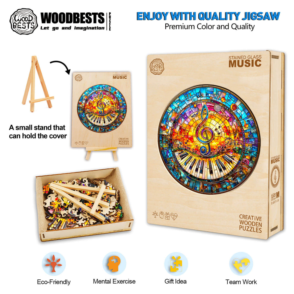 Stained Glass Music wooden jigsaw puzzle with vibrant colors and pieces, ideal for mental exercise and teamwork.
