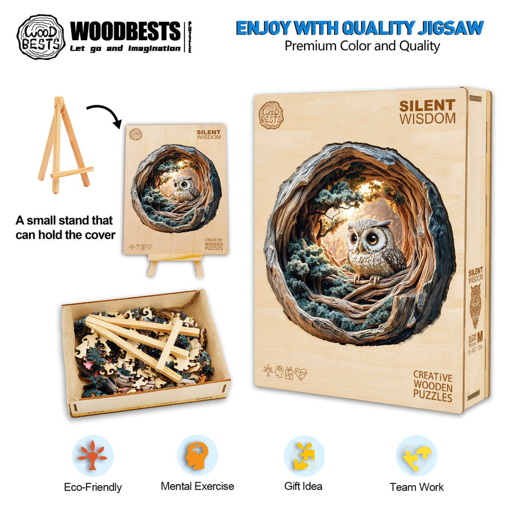 3D Silent Wisdom wooden jigsaw puzzle box and pieces, eco-friendly, ideal for mental exercise and gifting.