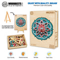 3D Mandala Lotus-2 wooden jigsaw puzzle with vibrant colors and a small stand, perfect for mental exercise and team activities.