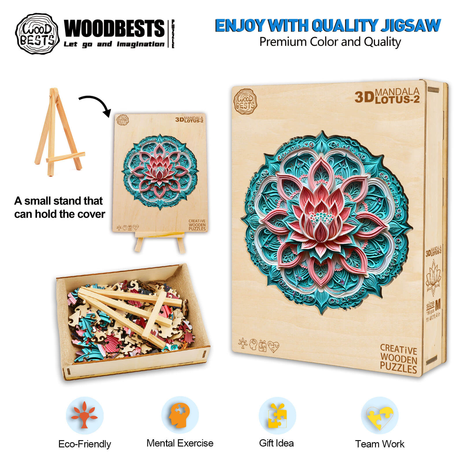 3D Mandala Lotus-2 wooden jigsaw puzzle with vibrant colors and a small stand, perfect for mental exercise and team activities.