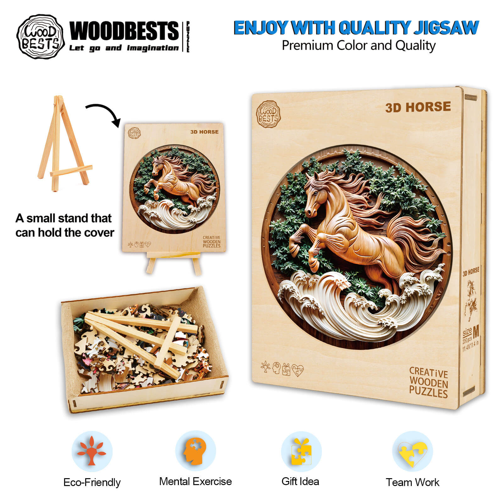 3D Horse-2 wooden jigsaw puzzle with eco-friendly packaging, promotes mental exercise and creativity.