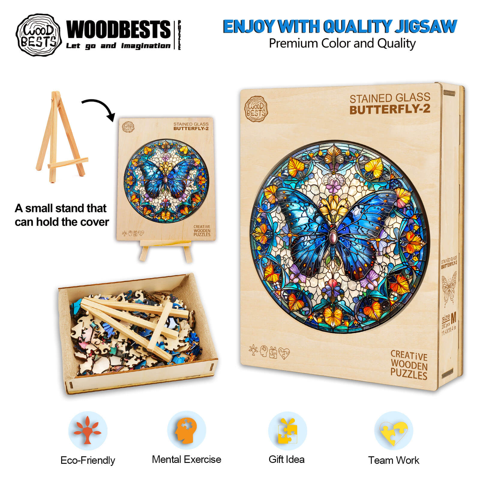 Stained glass butterfly-2 wooden jigsaw puzzle for mental exercise and teamwork, featuring vibrant colors and eco-friendly design.