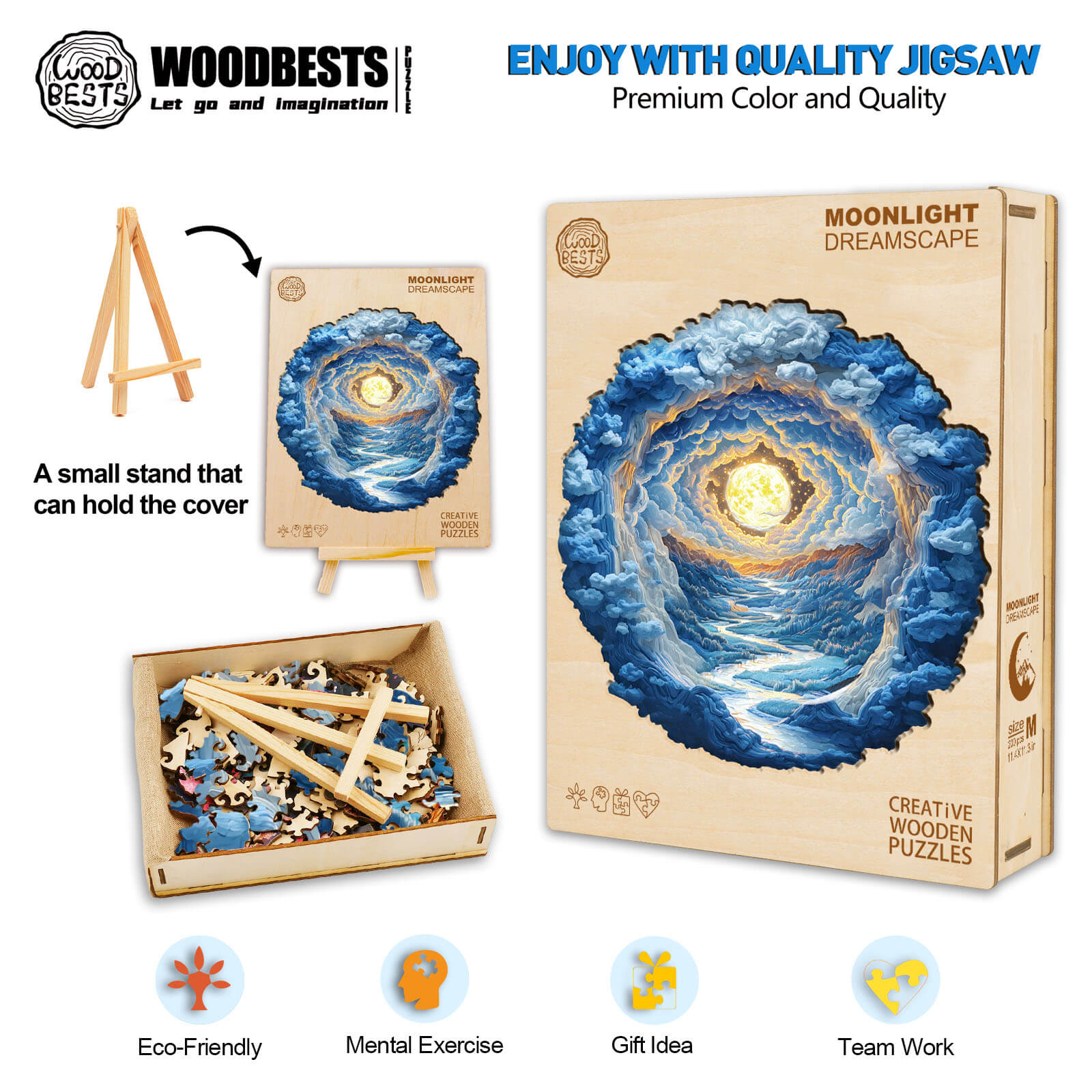 3D Moonlight Dreamscape wooden jigsaw puzzle with stand, eco-friendly design for mental exercise and team building.