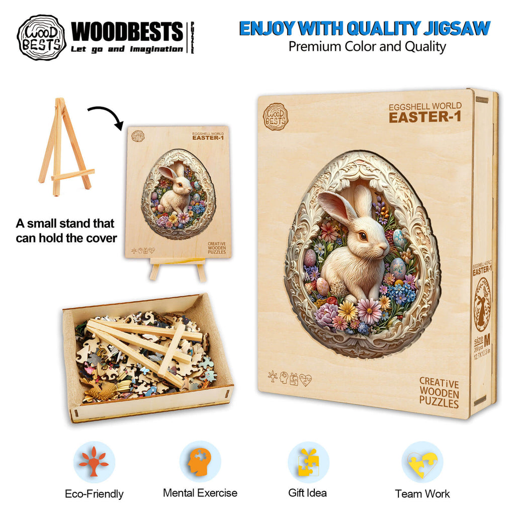 Eggshell World Easter-1 wooden jigsaw puzzle with bunny design, eco-friendly, great for mental exercise and teamwork.