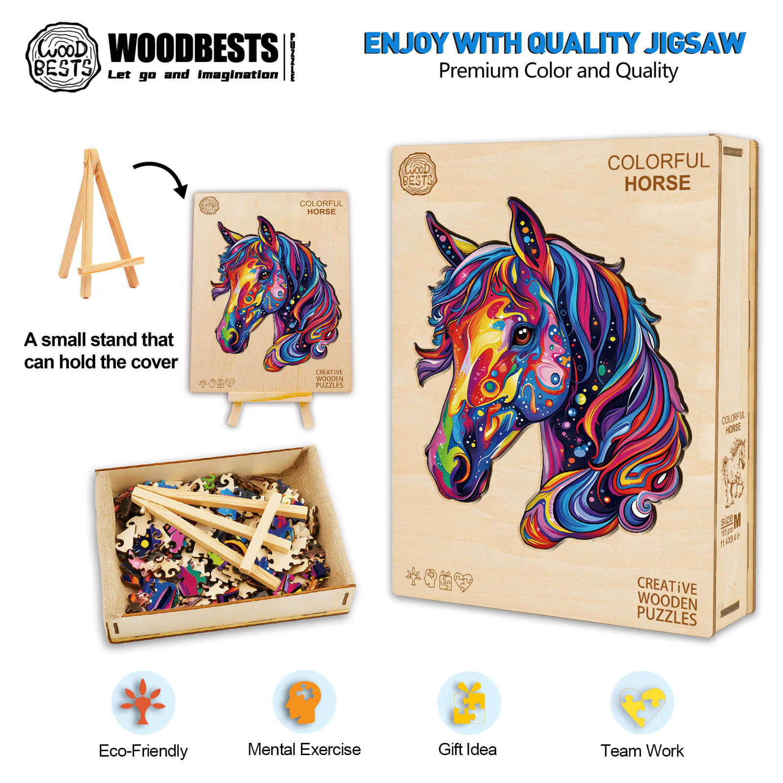 Colorful Horse wooden jigsaw puzzle with vibrant design, eco-friendly materials, and small stand for cover display.