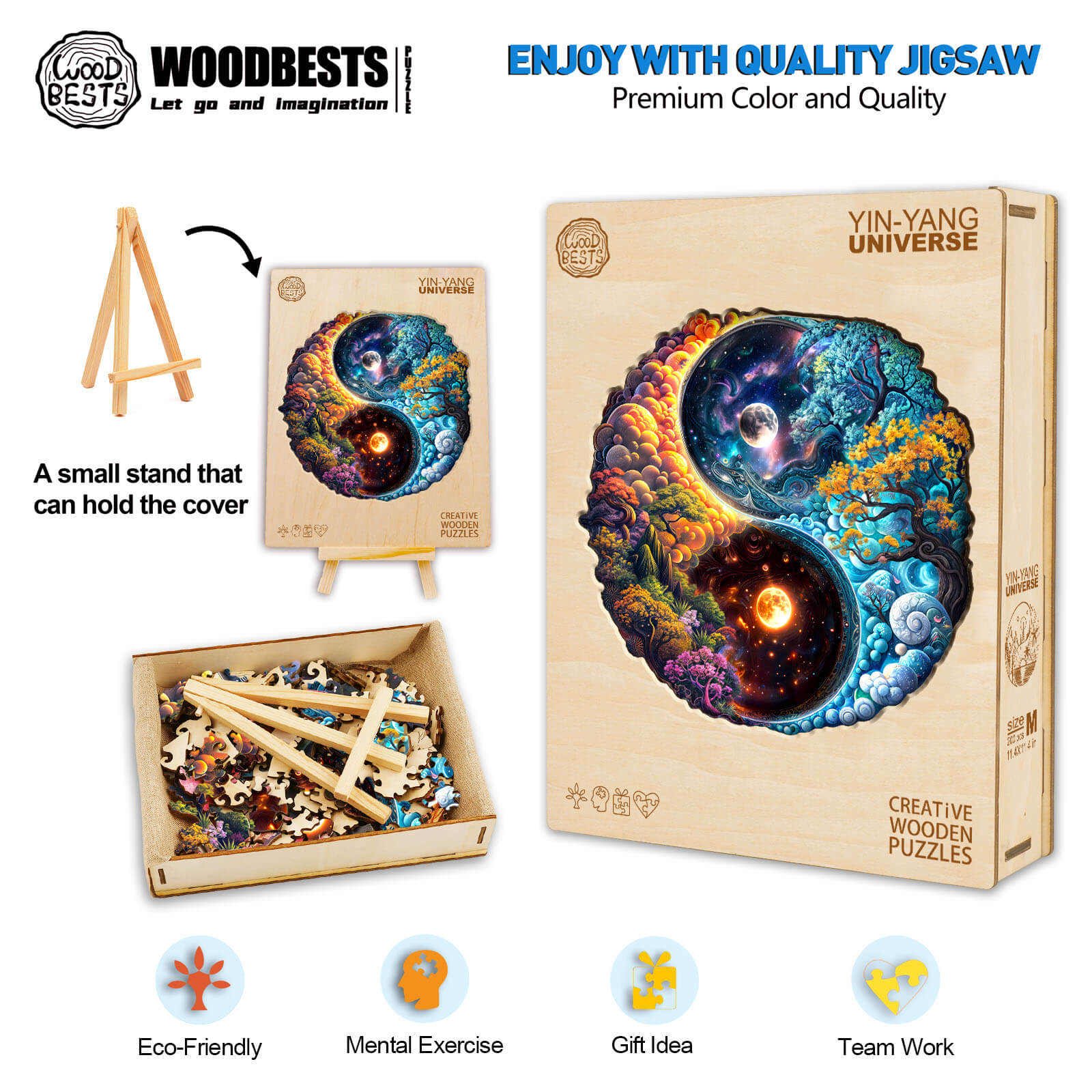 Yin-yang universe wooden jigsaw puzzle with colorful design, eco-friendly materials, and a small stand for display.